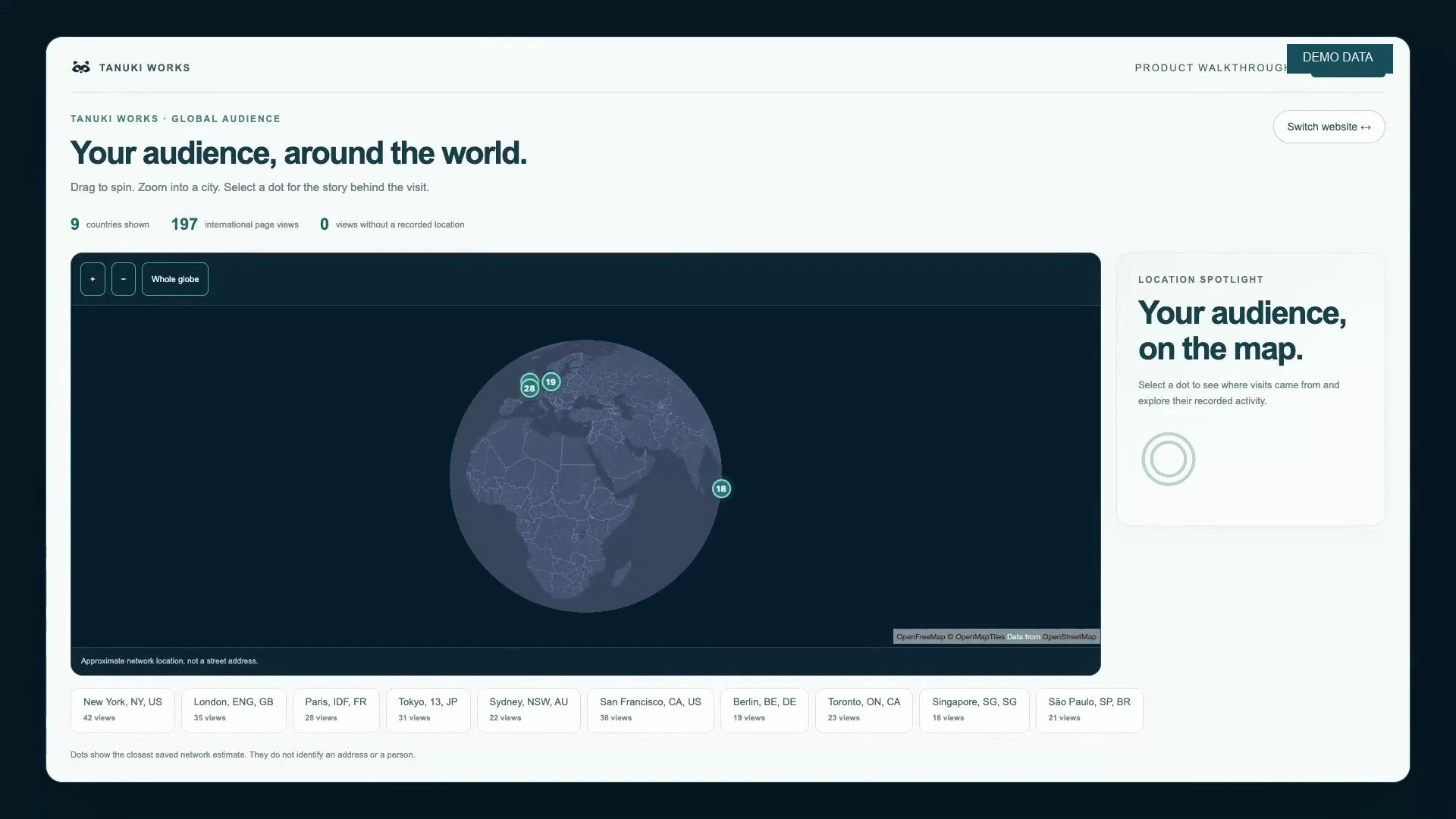 Connected Business Platform interactive audience globe shown with synthetic demo data