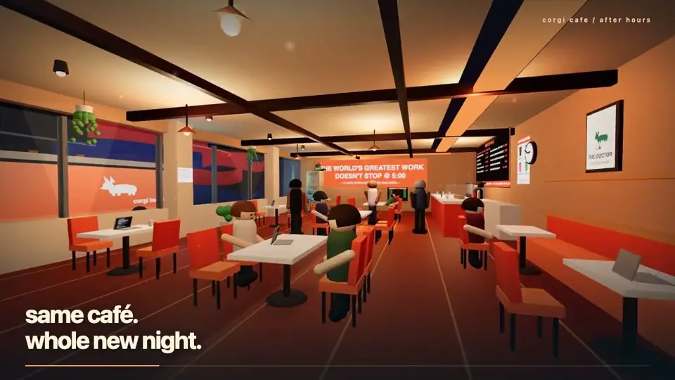 Corgi Cafe Simulator preview with the café interior and project title