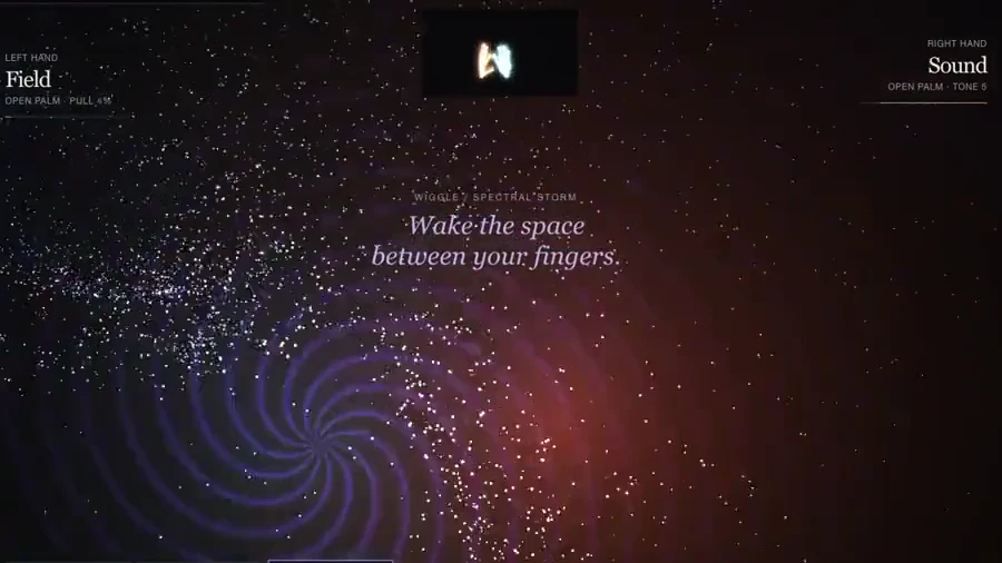 Ghost Conductor recording with tracked hands shaping a living particle field